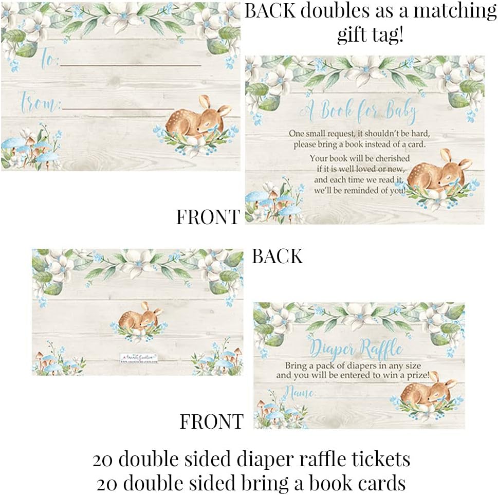 Amanda Creation Little Deer Woodland Boy Baby Shower Party Bundle Includes 20 each of Invitations with Envelopes + 4 Different Sizes of Decorative Stickers, Diaper Tickets & Bring a Book Cards