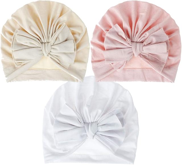3 Pcs Turban Hats for Baby Girls Boys, Cotton Newborn Hat Bow Infant Cap Headwrap Turban Knot Toddler Cap for 0-3 Years Baby