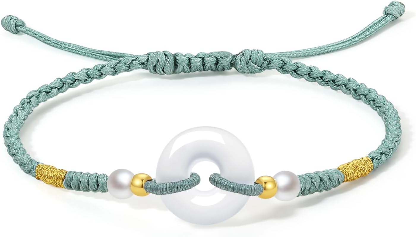 24K Gold Bracelet for Women Pearl Bracelets Peace Buckle Charm Link Chain Chalcedony Beads Natural Gemstone Bangle Dainty Healing Stone Charms Lucky Jewelry Agate Braided Rope Fortune Solid Gold Gift