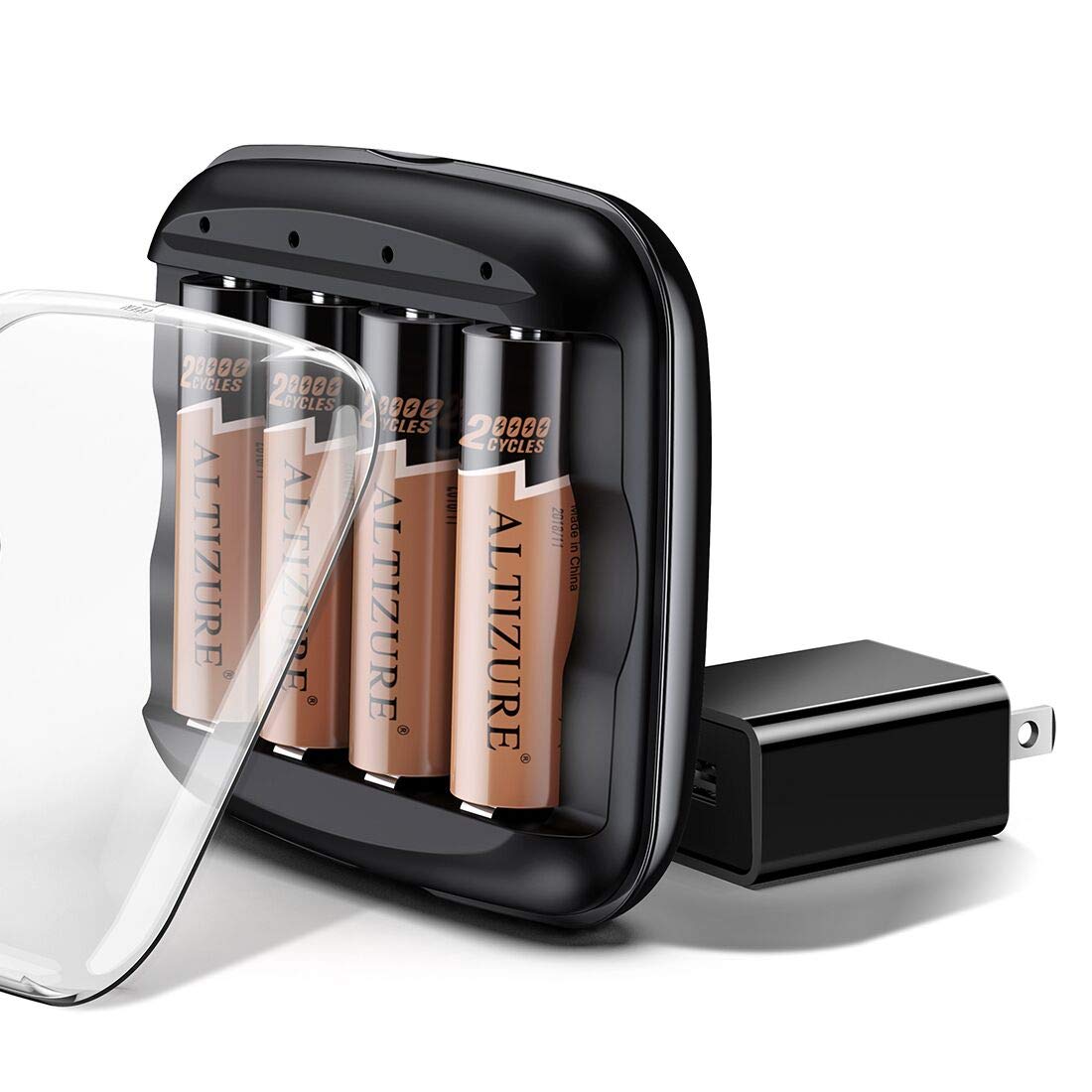 ALTIZURE 15 Minutes Full,20000 Cycles Rechargeable AA Battery Charger with 4 AA Rechargeable Lithium Ion Batteries（with USB Charger and Charging Cable）