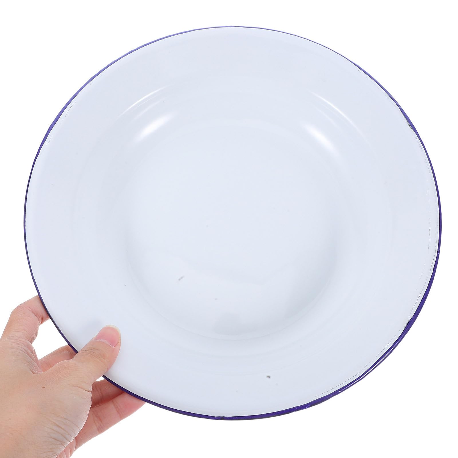 Healifty 5 Stück Runder Emaille Hot Pot Teller 24cm Weiß mit Blauem Rand Leicht zu Reinigen und Multifunktional Klassisches Vintage Design für Zuhause und Bankette