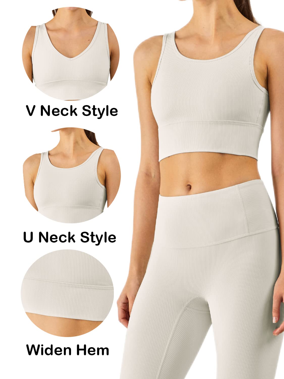 Longline Reggiseno Sportivo Canotta Reggiseno Top per le Donne Senza Soluzione di continuità Reggiseno Sportivo a Costine Top di Allenamento Imbottito Crop Top, U-white, M