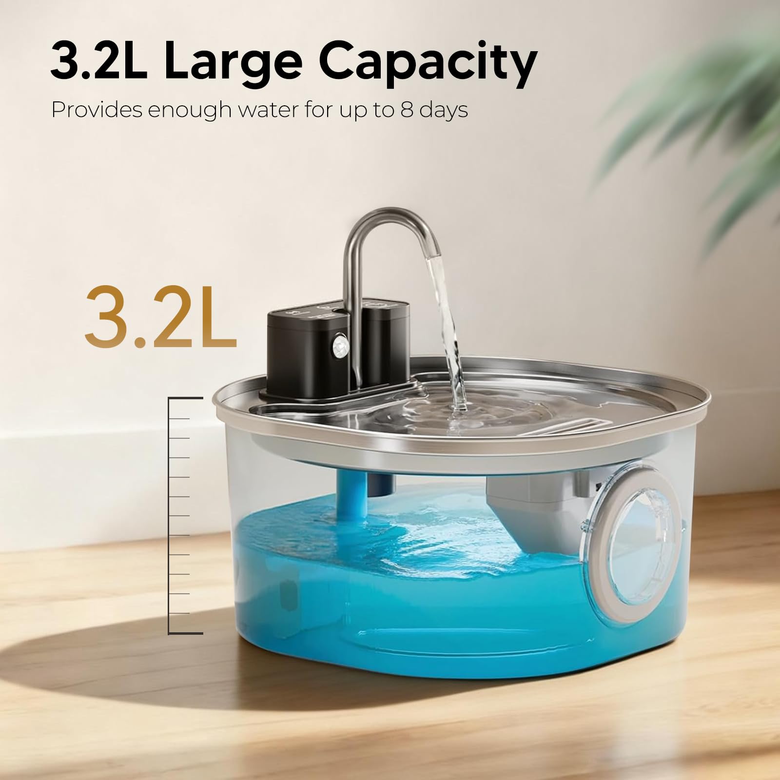 Voluas Stainless Steel Cat Water Fountain: 108oz/3.2L Wireless Cat Fountain Battery Operated for Drinking Indoor, Automatic Pet Water Dispenser Bowl with Ultra Quiet Pump, Easy Clean BPA-Free, 4Filter - image 2