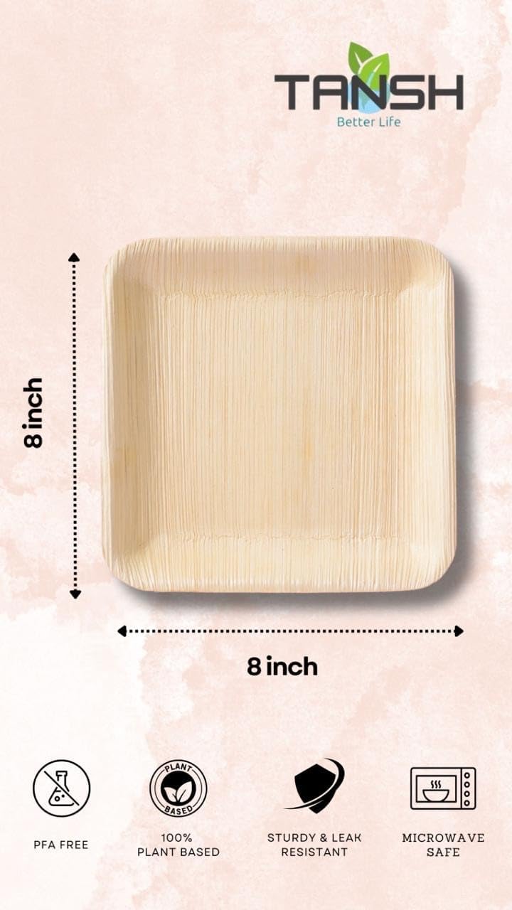 TANSH Compostable 8 Inch Palm Leaf (Areca) Square Plates (50 Count), Biodegradable, Eco-Friendly, Microwave & Oven Safe