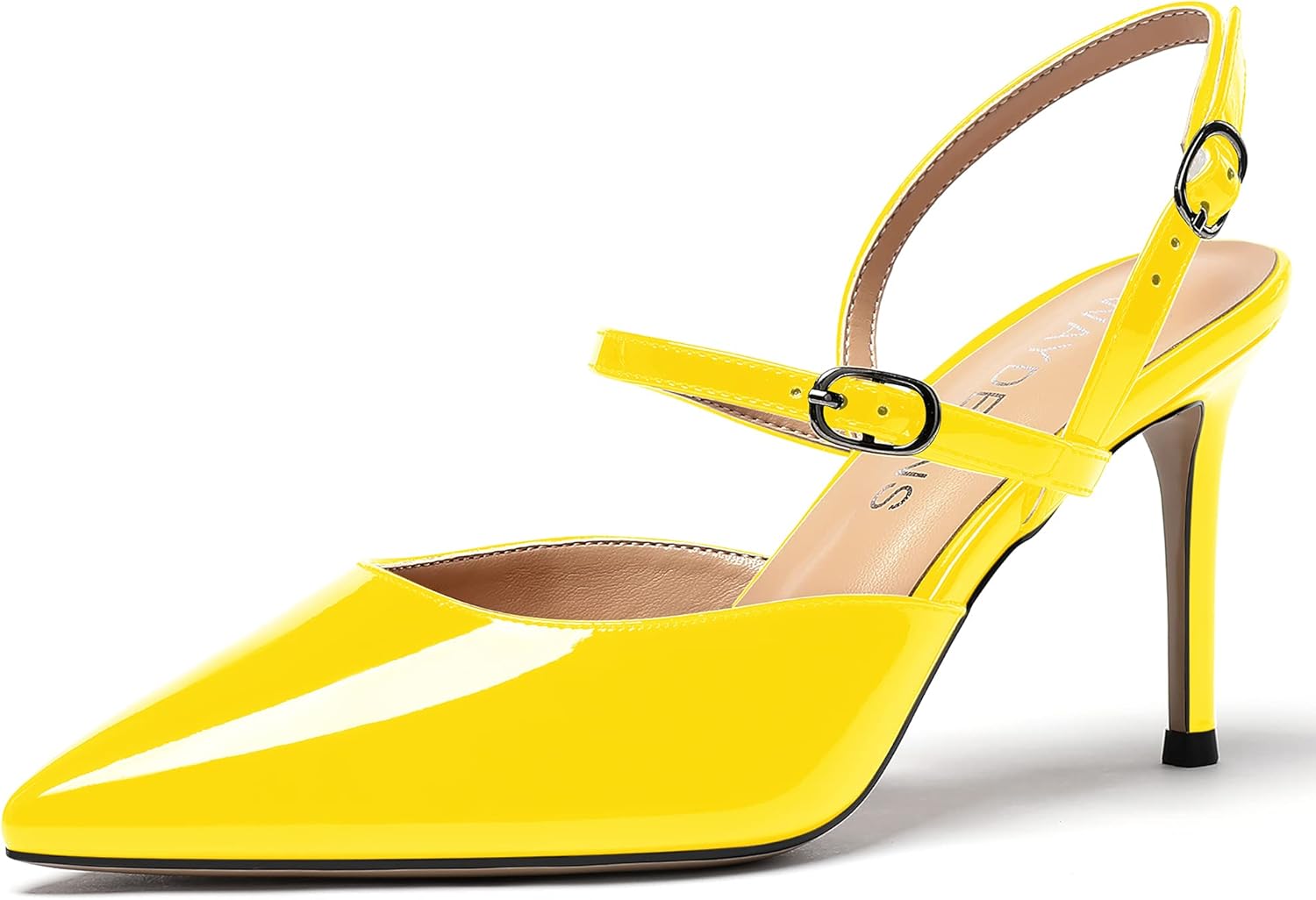 WAYDERNS Women's Patent Leather Mary Jane Double Buckle Strap Slingback Solid Pointed Toe Stiletto High Heel Pumps Shoes 3.5 Inch