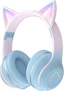YYTSGG Led Cat Ear Bluetooth Headphones for Kids, Foldable Over Ear Headphones with Colorful Light, Wireless Headphones for Girls, Hi Fi Stereo Headphones Built in Mic for phone/TV/PC/MP4/Home/Office