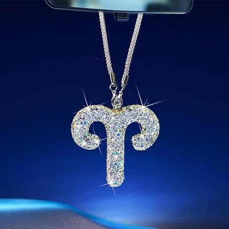 Bling Car Accessories for Women, 12 Zodiac Constellation Charm Crystal Pendant, Rear View Mirror Cute Crystal Pendant, Lucky Gifts Girly Diamond Rhinestone Charm Interior Aries