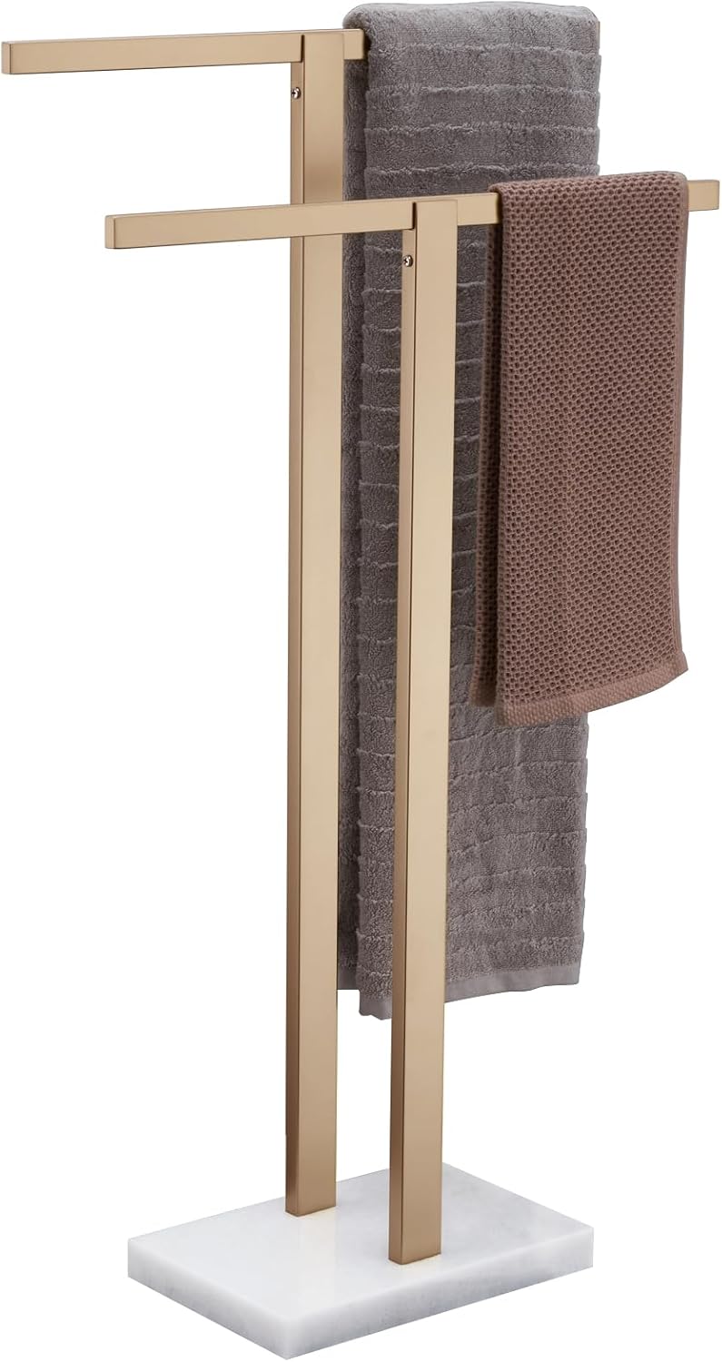 KOKOSIRI Bathroom Towel Rack 2-Tier Free Standing Towel Bars with Marble Base, Stainless Steel Stand Towels Holder, Thicken Steady Design, Champagne Bronze THS0003-CPG