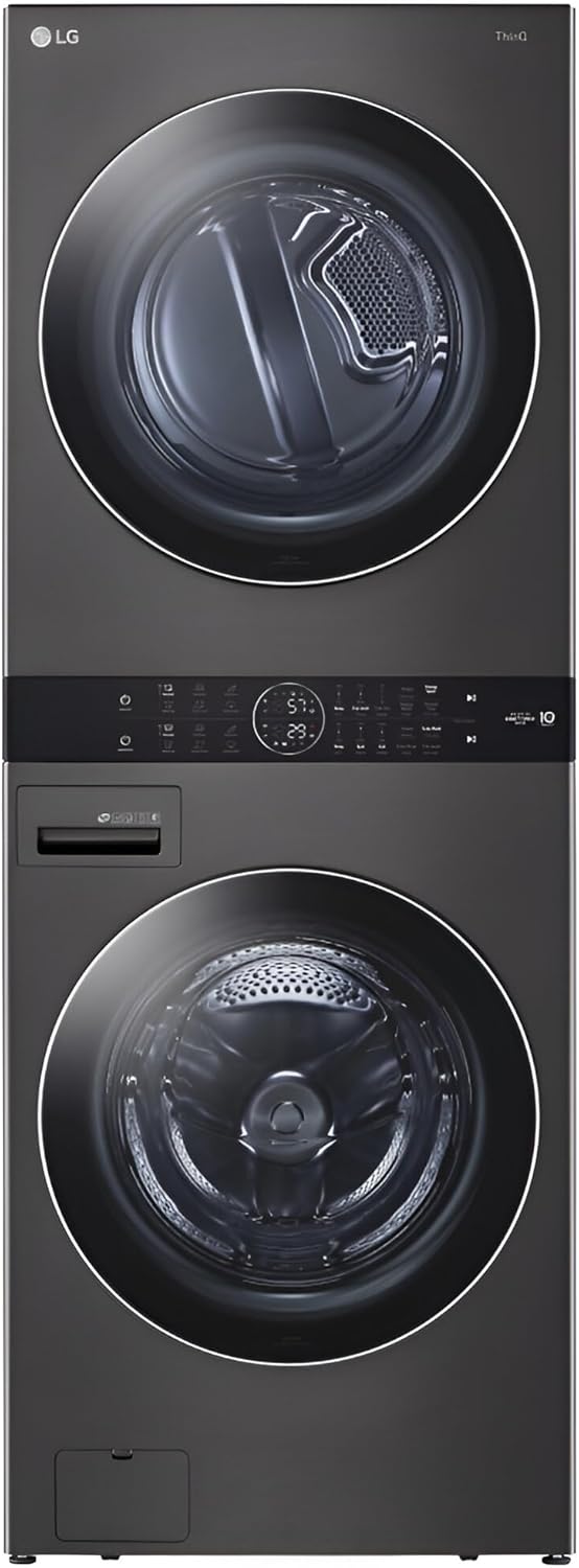 LG WashTower Stacked Smart Laundry Center 4.5 Cu.Ft. Front Load Washer Fully Automatic & 7.4 Cu.Ft. Gas Dryer in Black Steel w/Steam WKGX201HBA