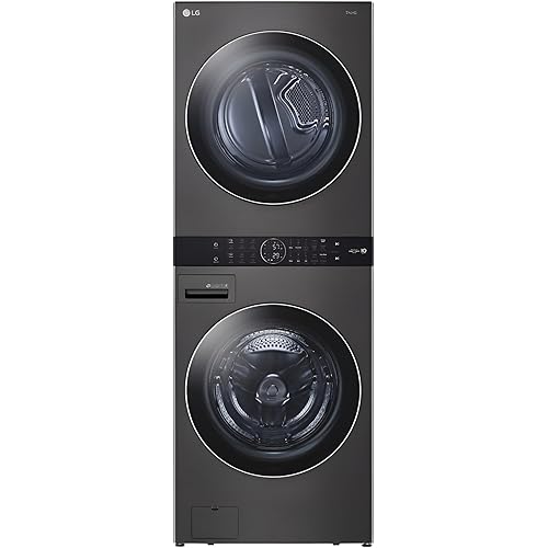LG WashTower Stacked Smart Laundry Center 4.5 Cu.Ft. Front Load Washer Fully Automatic & 7.4 Cu.Ft. Gas Dryer in Black Steel w/Steam WKGX201HBA