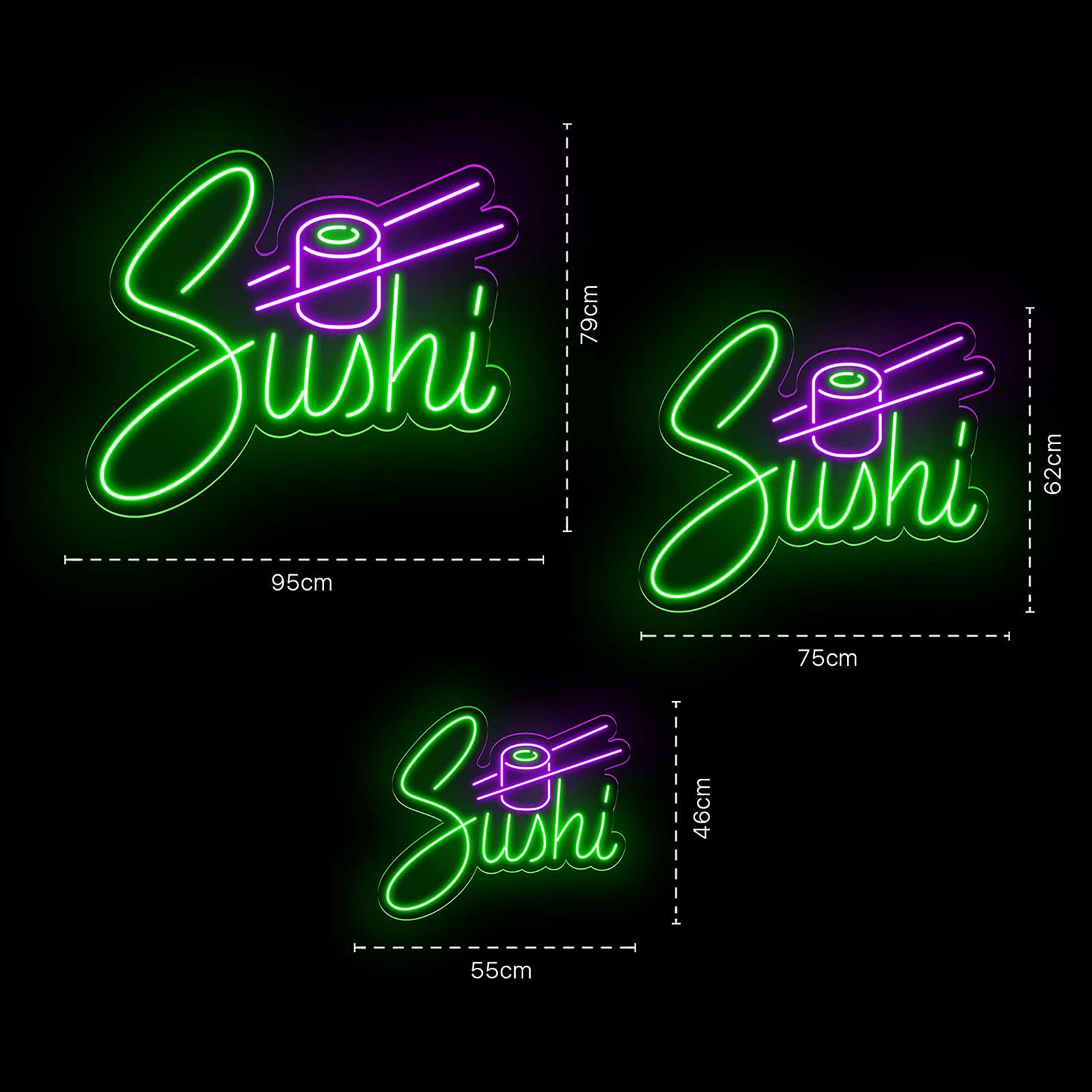 Neon Luces Pared Carteles Letrero Comida Restaurante Feliz -55cm - Personalizable - Multi modelos para elegir - Con Mando a la Distancia- Interior (Neón para Restaurante de Sushi)