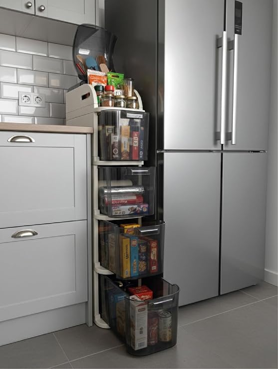 MallArt® 4 Katlı Slim Tekerlekli Düzenleyici Raf - 41x20x94,5 cm Çok Amaçlı Mutfak ve Banyo Dolabı, Dar Alanlar İçin Tekerlekli Depolama Ünitesi