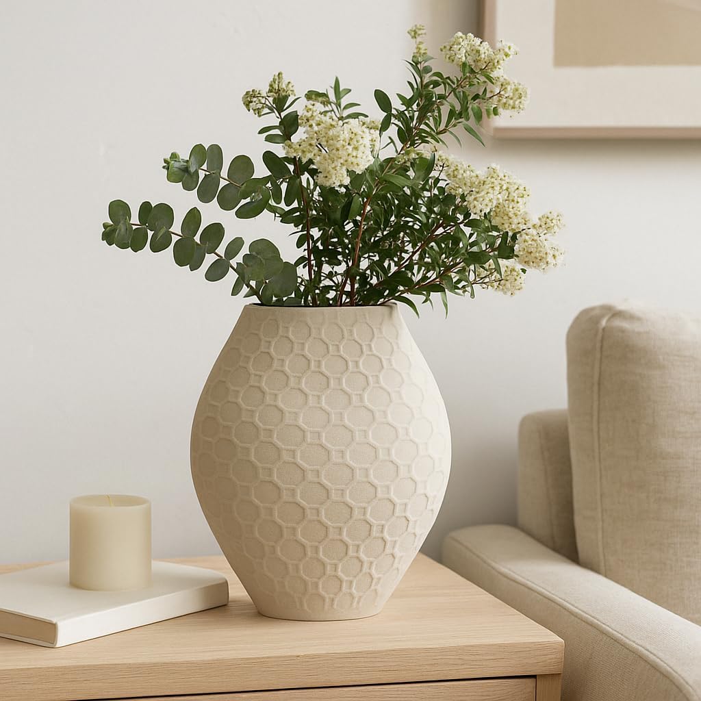 Ceramic Vase for Home Decor – Office Decor Accent for Living Room, Bedroom, or Table Decor – Elegant 3D Printed Design Flower Vase Adds Texture to Room or House Accent – 16" Ivory