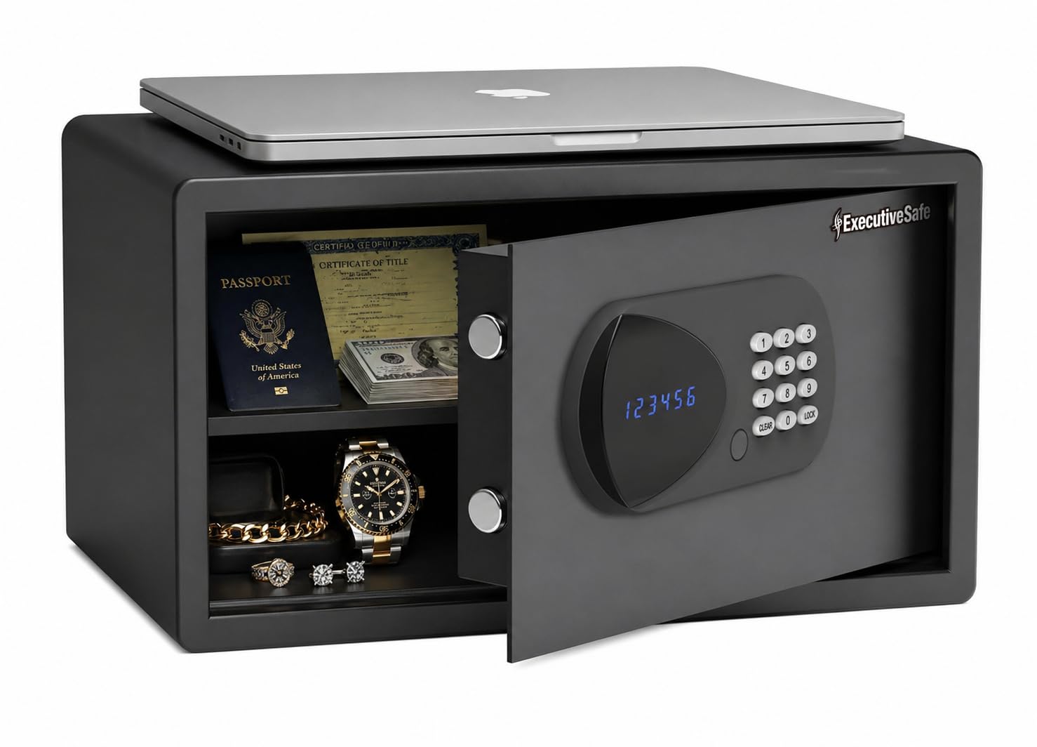 Executive Safe ACS-6 - Cassaforte digitale per computer portatile, per casa, ufficio e hotel, adatta per laptop da 17", mensola, tastiera elettronica, bulloni motorizzati, display a LED, porta USB e