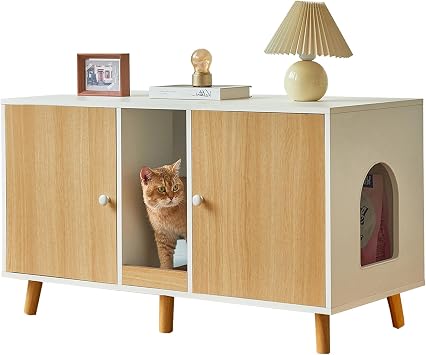 Litter Box Enclosure for 2 Cats - 42.5" Double Hidden Cat Litter Box Cabinet with Scratching Pad Large Space Indoor Pet House Crate Furniture Modern, Wood
