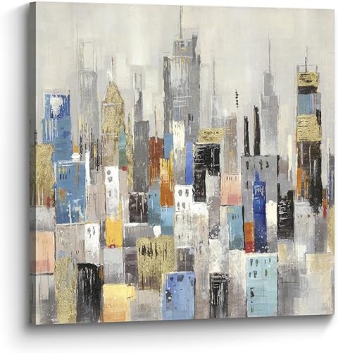 Arte de pared de Nueva York para sala de estar cuadro abstracto moderno en lienzo de la ciudad de Manhattan para dormitorio, pintada a mano del