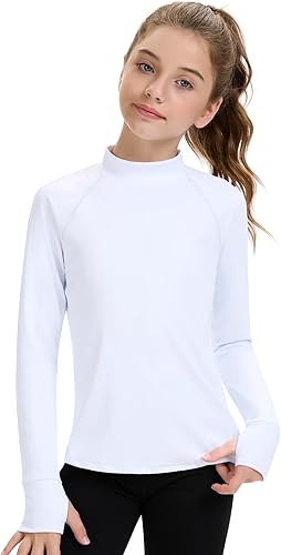 Miniatura 7 de HASMES Camisa de manga larga para niñas, camiseta atlética de cuello alto, ropa deportiva, yoga, para adolescentes (edad 7-14)