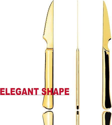 Miniatura 4 de Cuchillos dorados para carne, juego de cubiertos de acero inoxidable ultraafilados, 6 piezas de acero inoxidable serrado, juego de cocina apto para