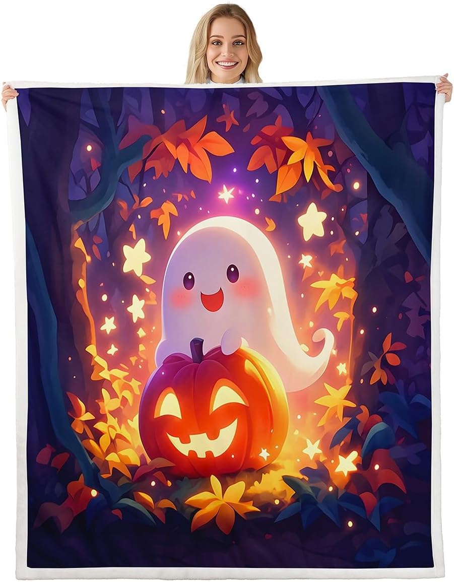 Feelyou Happy Halloween Sherpa Blanket Boys Girls Twin 60"x80" Pumpkin Fleece Throw Blanket for Bed Sofa Couch Kids Ultra Soft Horror Theme Plush Blanket Skull Ghost Fuzzy Blanket Cute Star Print