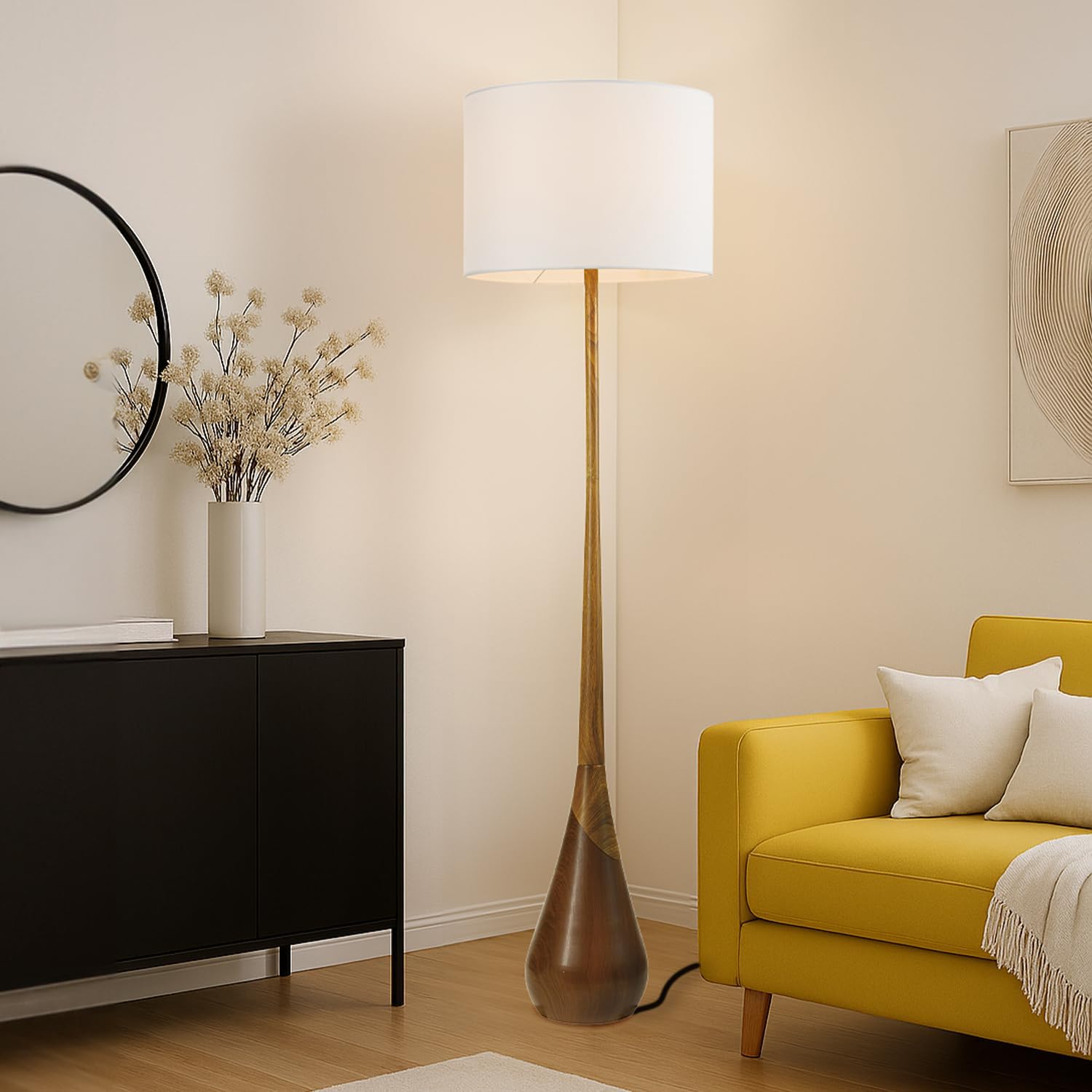 Globe Electric Novogratz x Globe Harrington 65" Floor Lamp, 2-Tone Faux Wood Base, White Fabric Shade, Socket Rotary Switch 67225