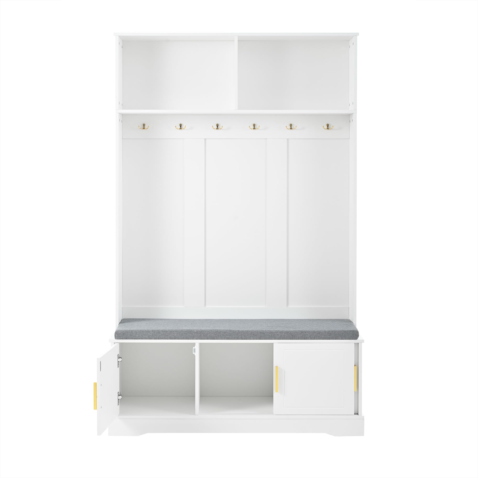 Conjunto de Recibidor de Entrada con 6 Ganchos, Perchero de Pared con Banco Zapatero para Zapatos, Juego de Mueble Recibidor con Espacio de Almacenamiento y Puertas, 191x120x40 cm (Blanco)