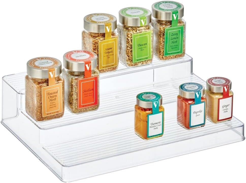 mDesign Plastic Kitchen Spice Bottle Rack Holder, Food Storage Organizer for Cabinet, Cupboard, Pantry, Shelf - Holds Spices, Mason Jars, Baking Supplies, Canned Food - 3 Level Storage - Clear