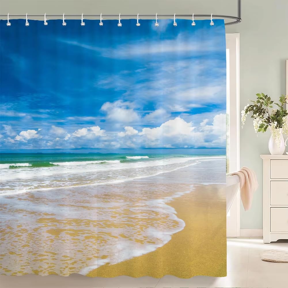 Sommerlicher Strand-Duschvorhang mit Palmenmotiv, Badezimmervorhang für die Heimdekoration, Polyester-Badevorhang (200 x 220 cm/B x H)