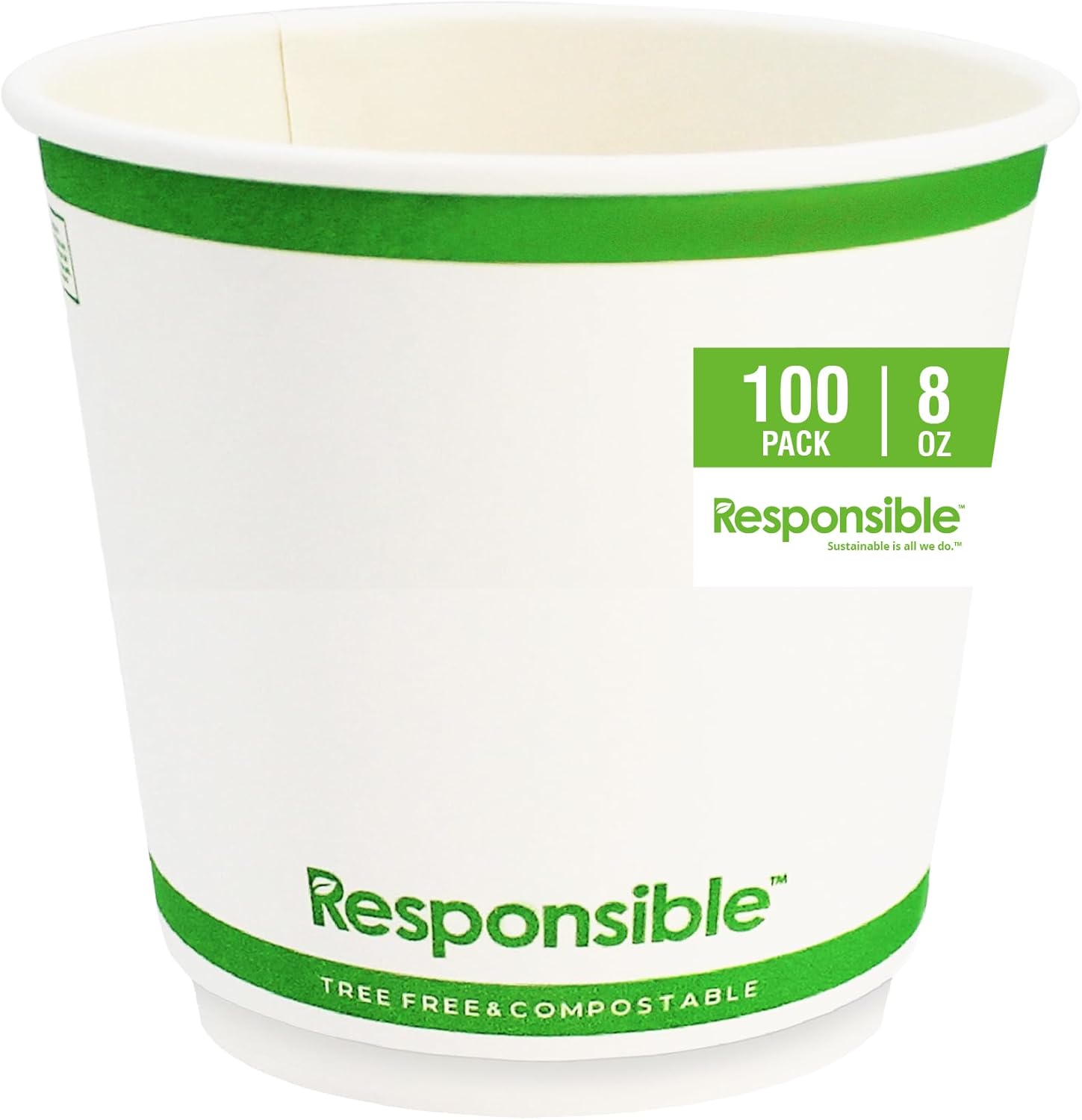 Responsible Products Smooth Insulated Paper Hot Cups (squat), Tree-Less™ Compostable Insulated Coffee Cups, Tree-Free, Made Without PFAS (Classic White, 8 oz (100 Count))