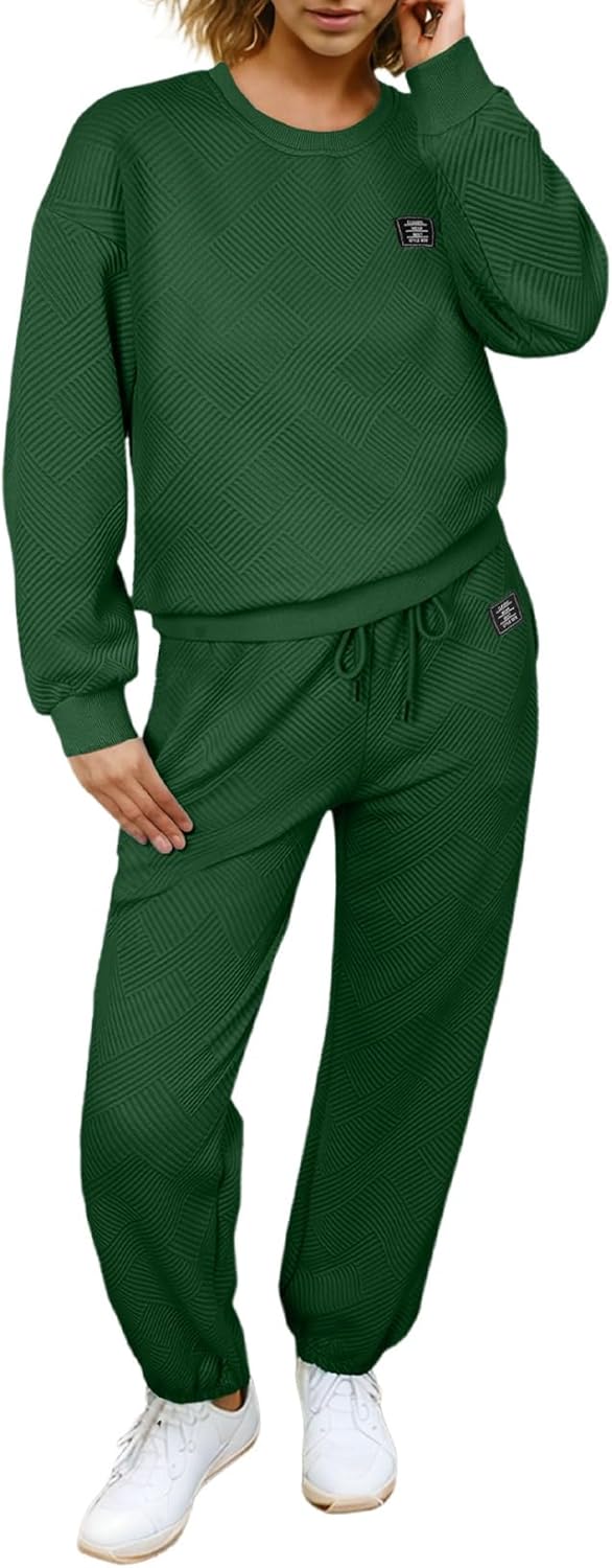 Herseas Womens 2 Piece Letter Patched Outfits Textured Long Sleeve Crewneck Sweatshirt with Jogger Pants Lounge Set