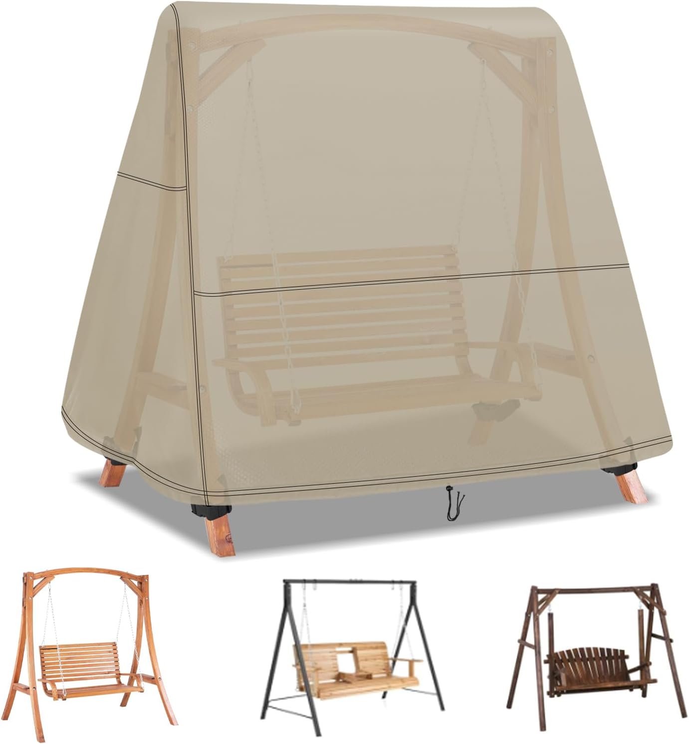 Swing Cover,500D Waterproof Outdoor Swings Covers,Shield for A Frame Patio Porch Swings with Drawstring and Buckles(80" Lx49 Wx72 H,Beige)