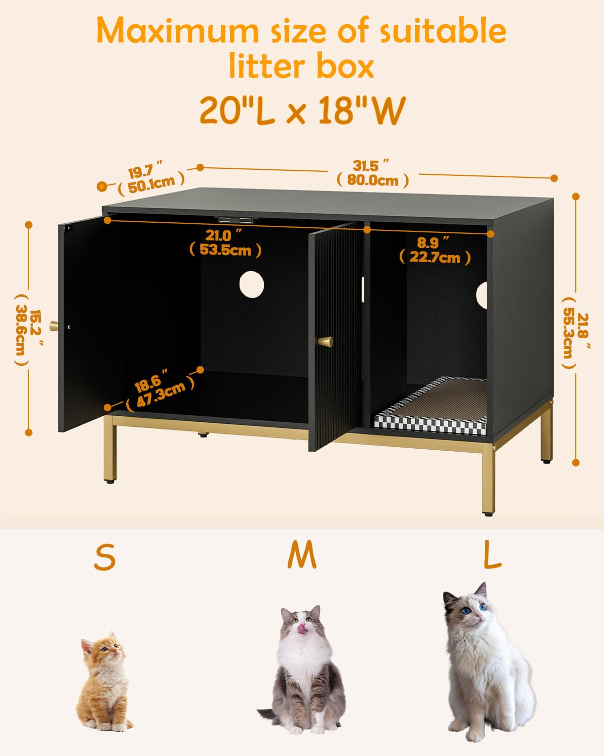 Cat Litter Box Enclosure, Modern Hidden Litter Box Furniture with Scratching Pad, Wooden Cat House Cabinet with Gold Metal Legs, Fit Most of Litter Box,Black and Gold - image 3