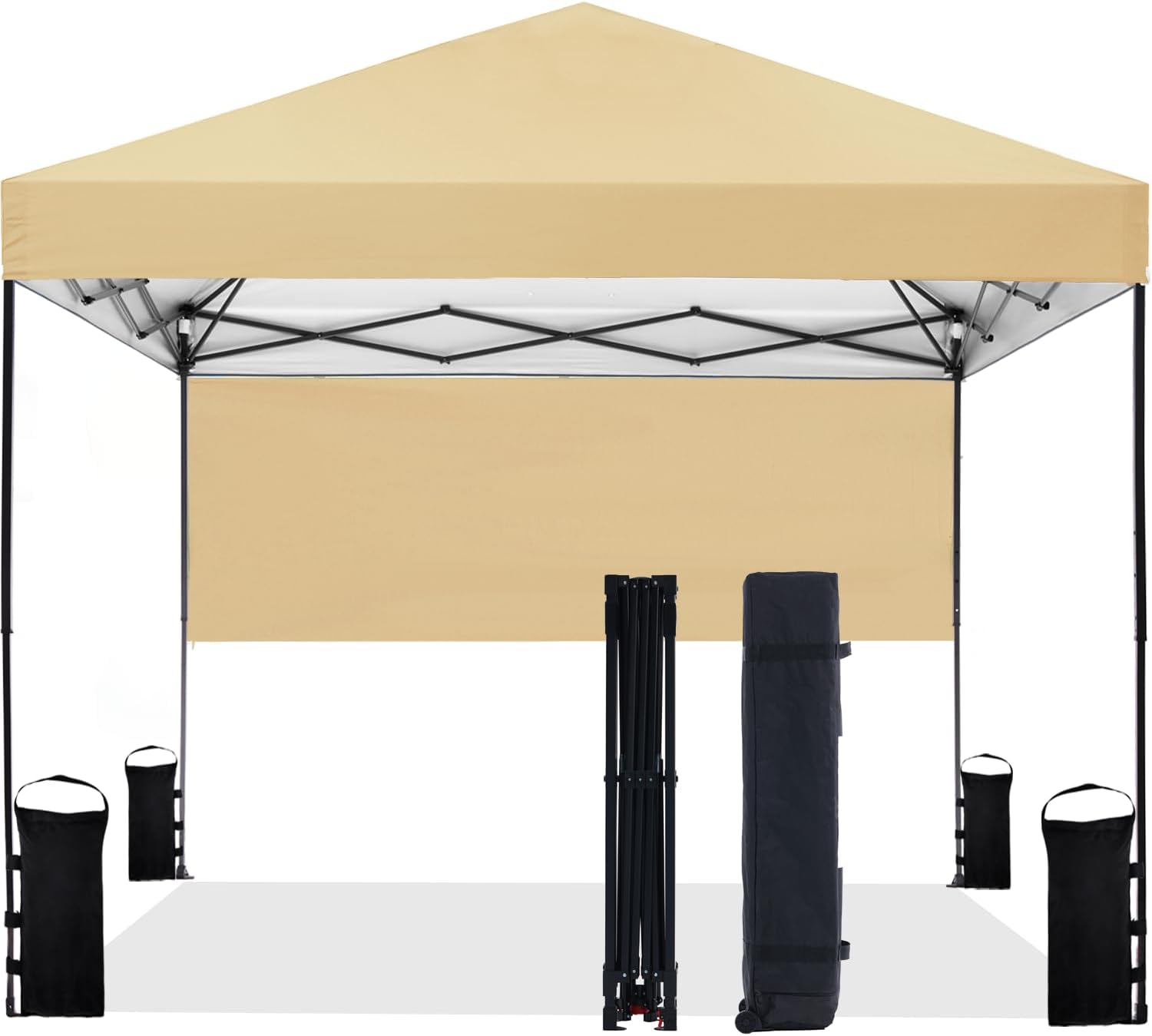 10'x10' pop up canopy tent with half sidewall, 1-person easy setup, instant shade canopy with sliver coated for parties beach outdoor, wheeled carrying bag, stakes, 4 ropes, 4 sandbags (sand)