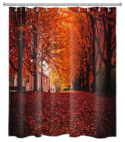 Cortina de chuveiro de outono, romântica outono estação outono árvores bordo vermelho floresta e fol