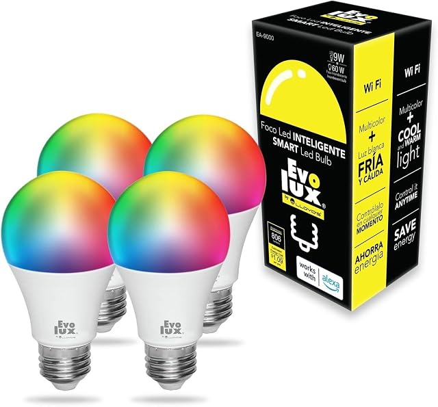 Evolux Smart Light Bulb (E26) - Ampoule Intelligente - Smart Bulbs Alexa Compatible - Colour Changing, Dimmable - 806 Lumens - Energy Saver for 2.4 GHz Networks - Warm & Cool White Light, 4-Pack