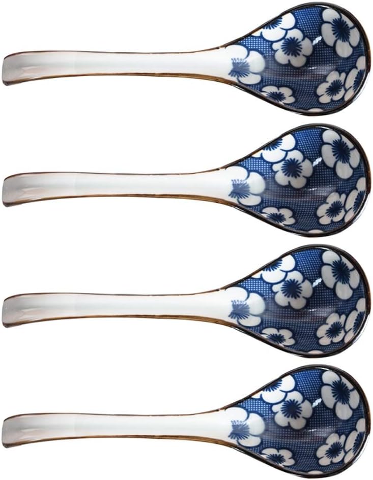 Tablespoons Japanese Style Long Handle Spoon Household Ceramic Spoon Dinner Spoon with Blue Pattern Creative Tableware High Temperature Resistant Non-fading 4 Pack Serving Spoon (Color : D)