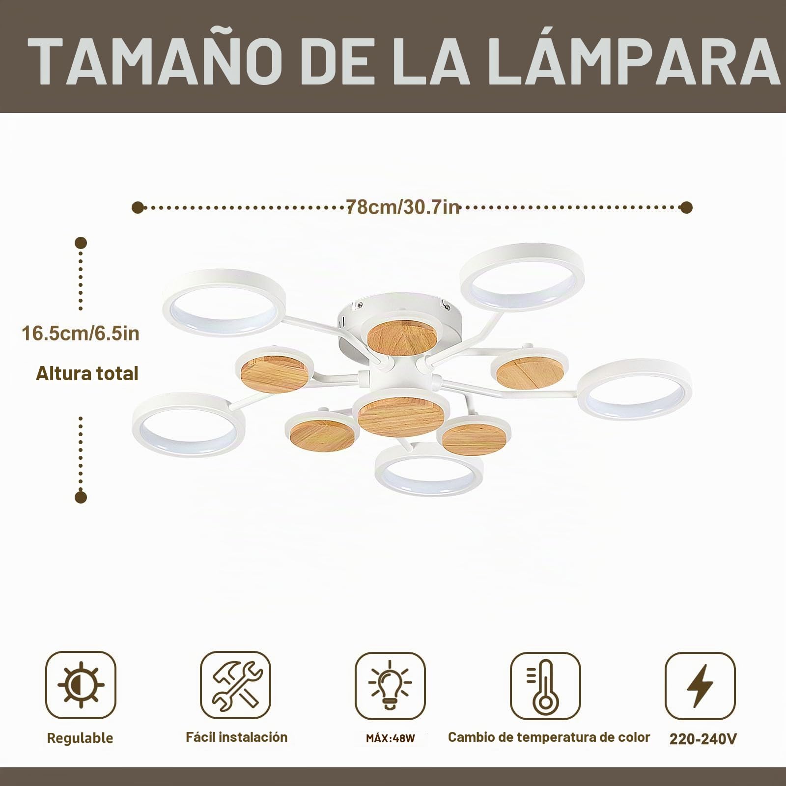 Lampara Techo Salon Led, TambiéN Funciona Como Lamparas Plafon Madera Moderna, Tipo Semi-Flush Con Luz Regulable Para Grandes Espacios (11 Luces, Blanco).
