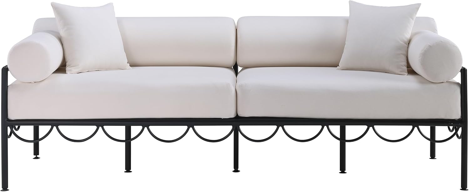 Meridian Furniture 55031Cream-S Portofino Collection Art Deco Outdoor Patio Sofa with Matte Black Aluminum Frame, 85.75" W x 34" D x 30.75" H, Cream
