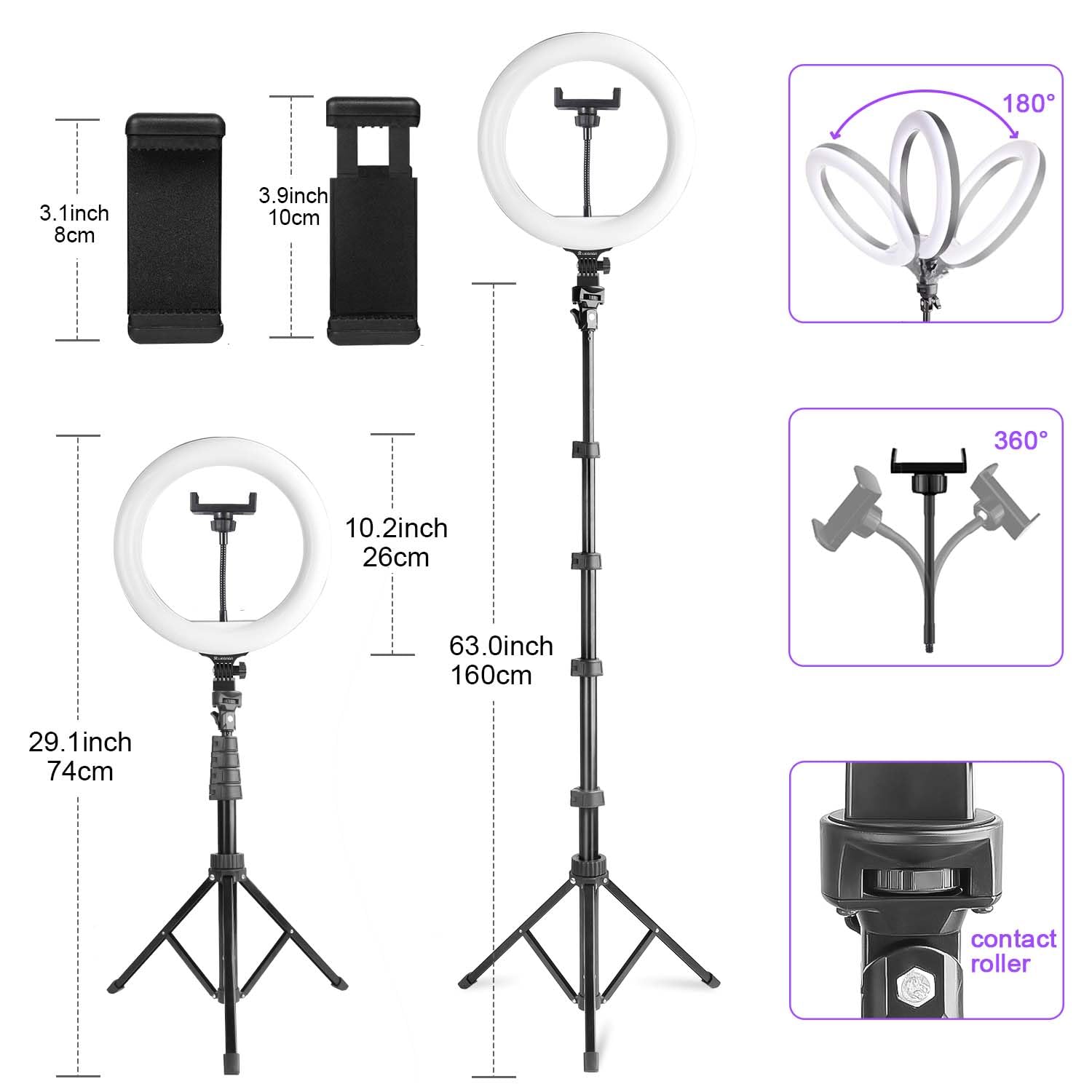 UEGOGO Luce ad anello da 25,4 cm con treppiede da 182 cm e supporto per telefono, 38 modalità di colore, dimmerabile, luce ad anello a LED per live streaming, YouTube, trucco, TikTok