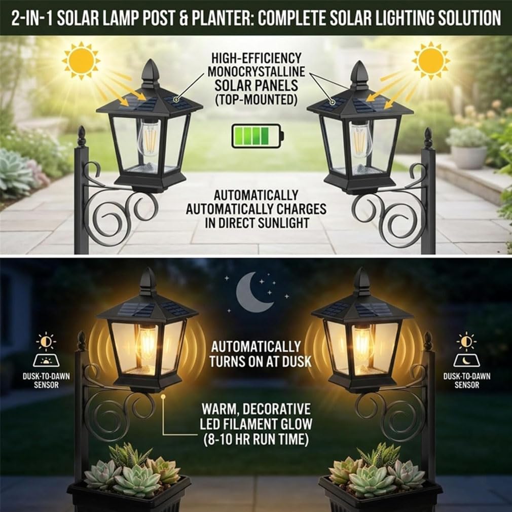2-in-1 Solar Lamp Post Light with Planter, 2-in-1-Solar-Laternenpfahlleuchte mit Pflanzgefäß, Solarlampen für Außen Garten, Wasserdicht LED Solar Gartenleuchte für Rasen, Terrasse, Hof, Gehweg