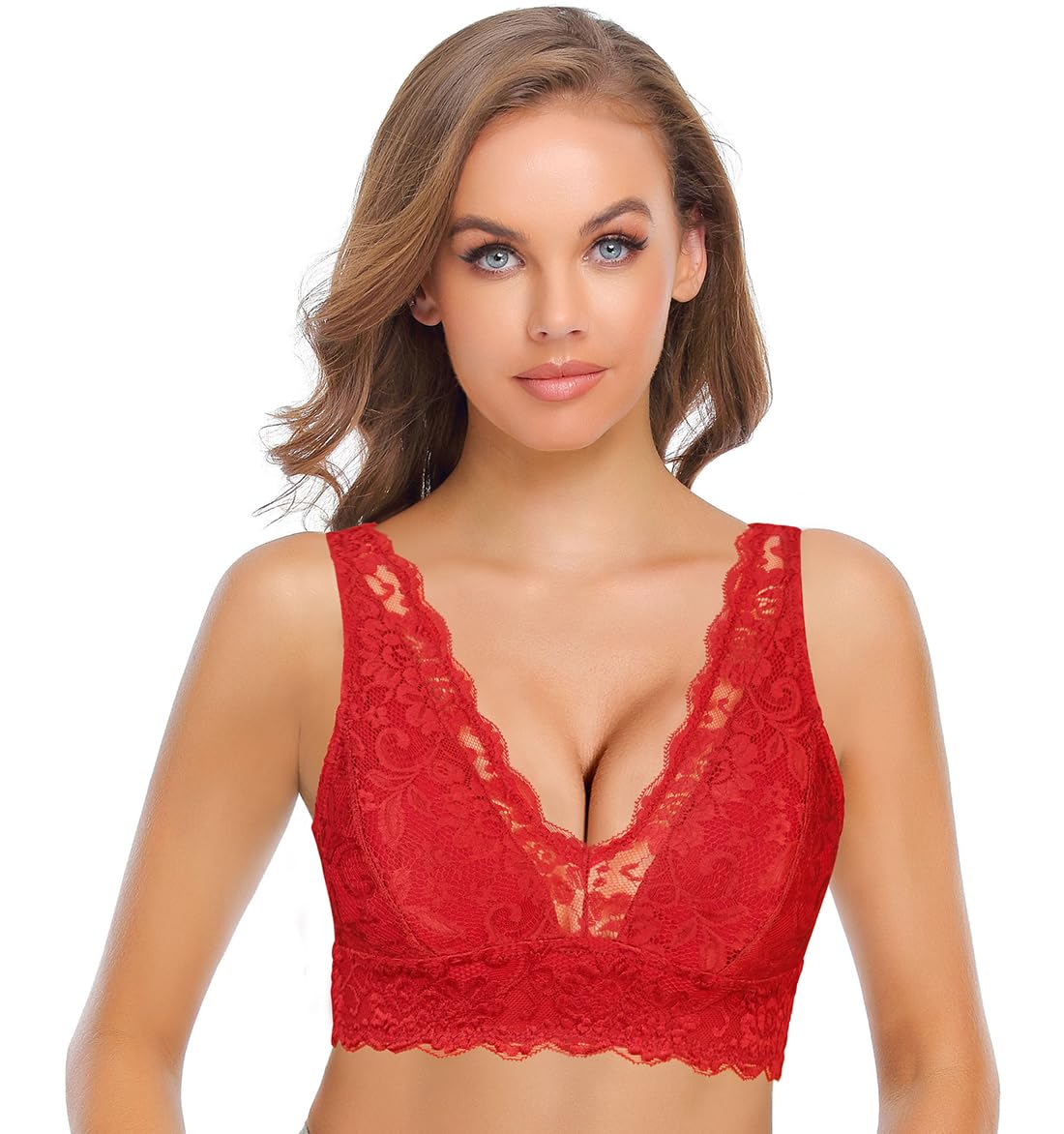 SHEKINI Bralette Kanten beha voor dames, zonder beugel, bloemen, kant, bustier met afneembare gevoerde V-hals, sexy beha, ondergoed, bovenstuk, top, L
