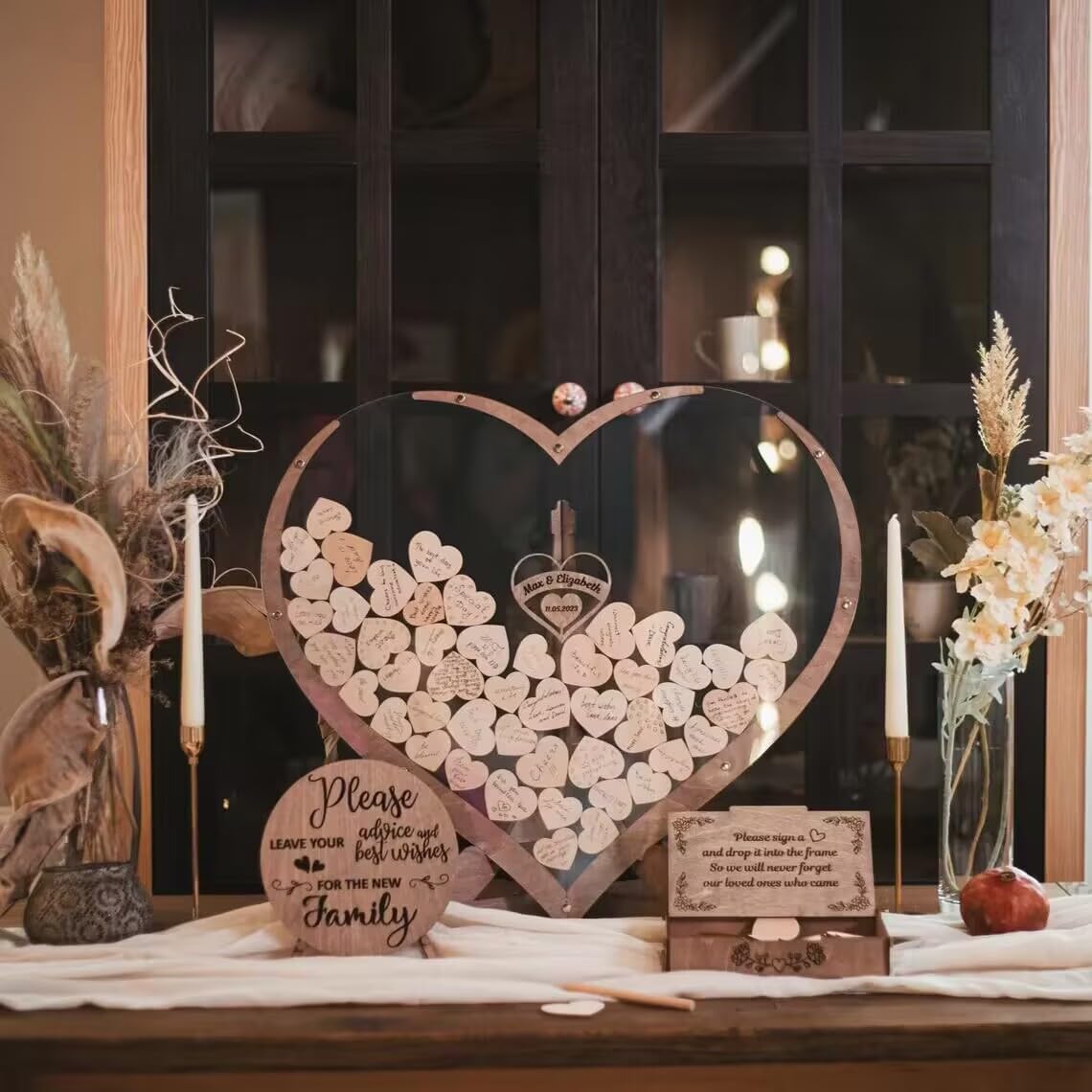 Wedding Guest Book Alternative Acrylic Rustic Wedding Decorations for Reception Weding Guest Book with 80pc Heart Drop Box to Sign Wedding Anniversary Party Baby Shower(Heart-Text)