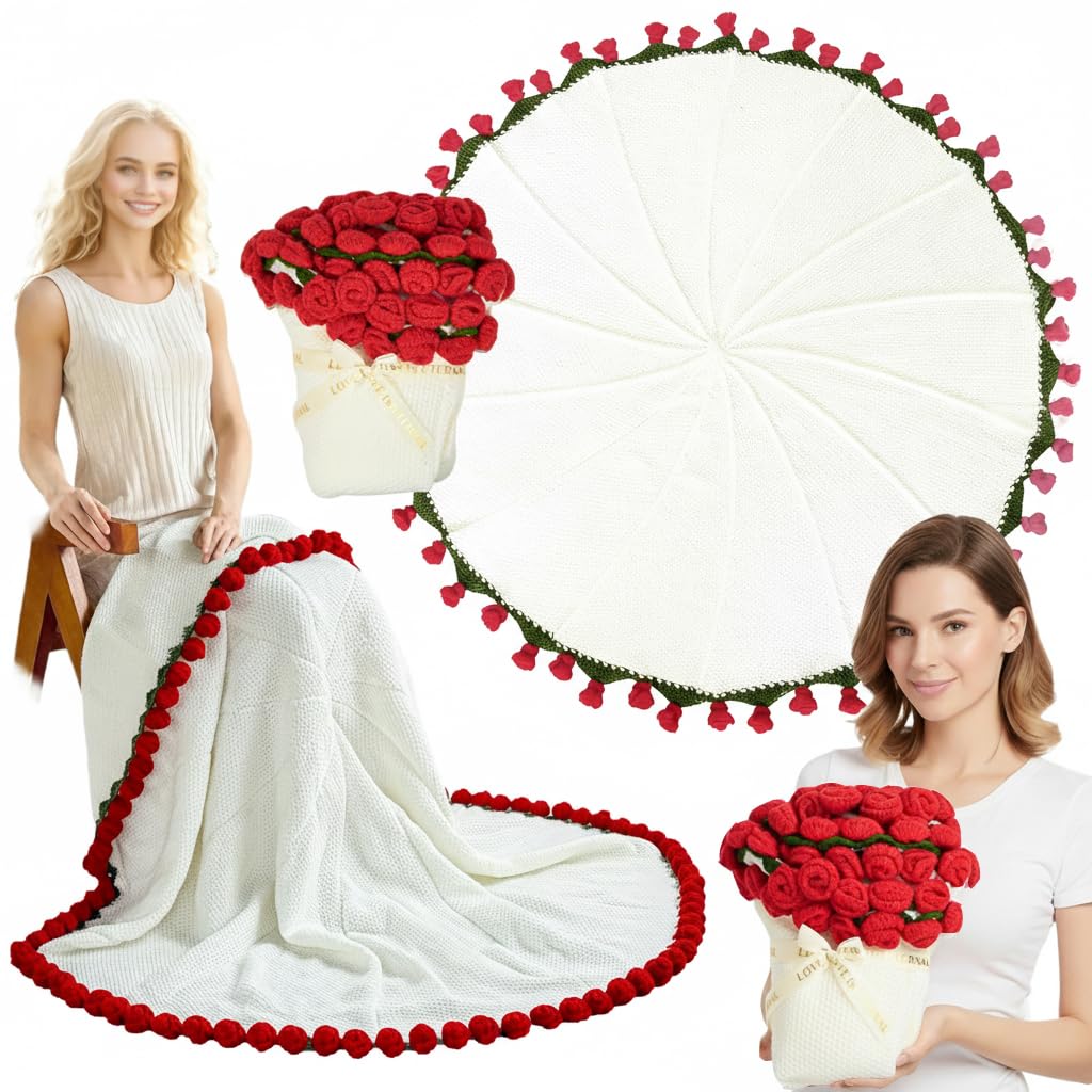 Manta de Ramo de Flores Tejida a Mano, 110cm con 68 Flores Rojas para Regalo de Cumpleaños, Día de la Madre, Día de San Valentín