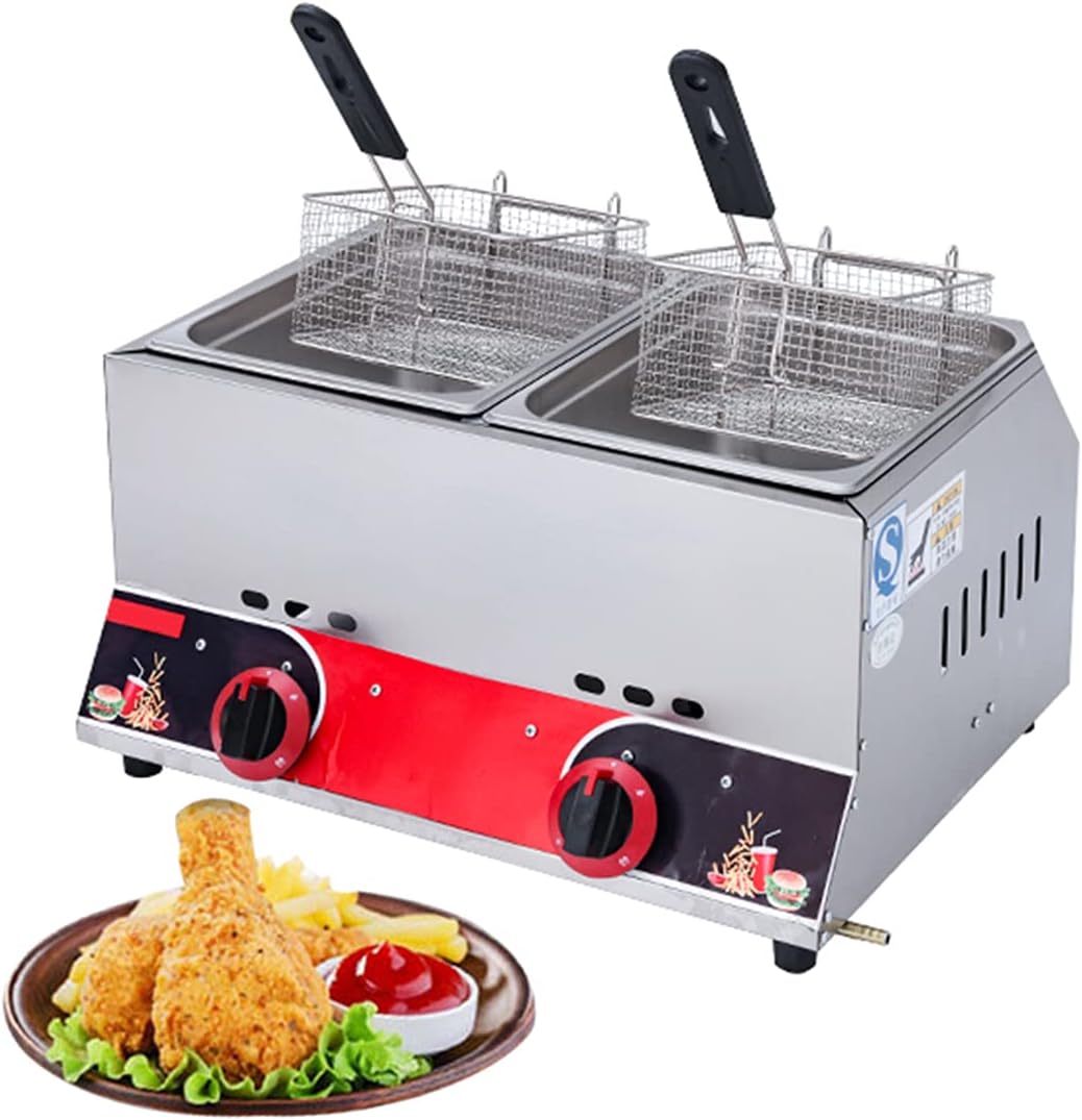 Commercial Single/Double Cylinder Fryer Desktop Gas Fryer Double Basket Gas Fryer Gas Countertop Fryer Countertop for French Fry Restaurants Supermarkets Fast Food Stands (6L/12L) (Ordinary Single
