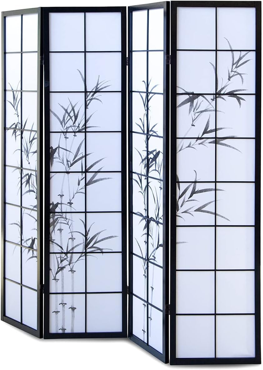 PEGANE Paravent Japonais en Bois Noir Dessin Bambou de 4 pans