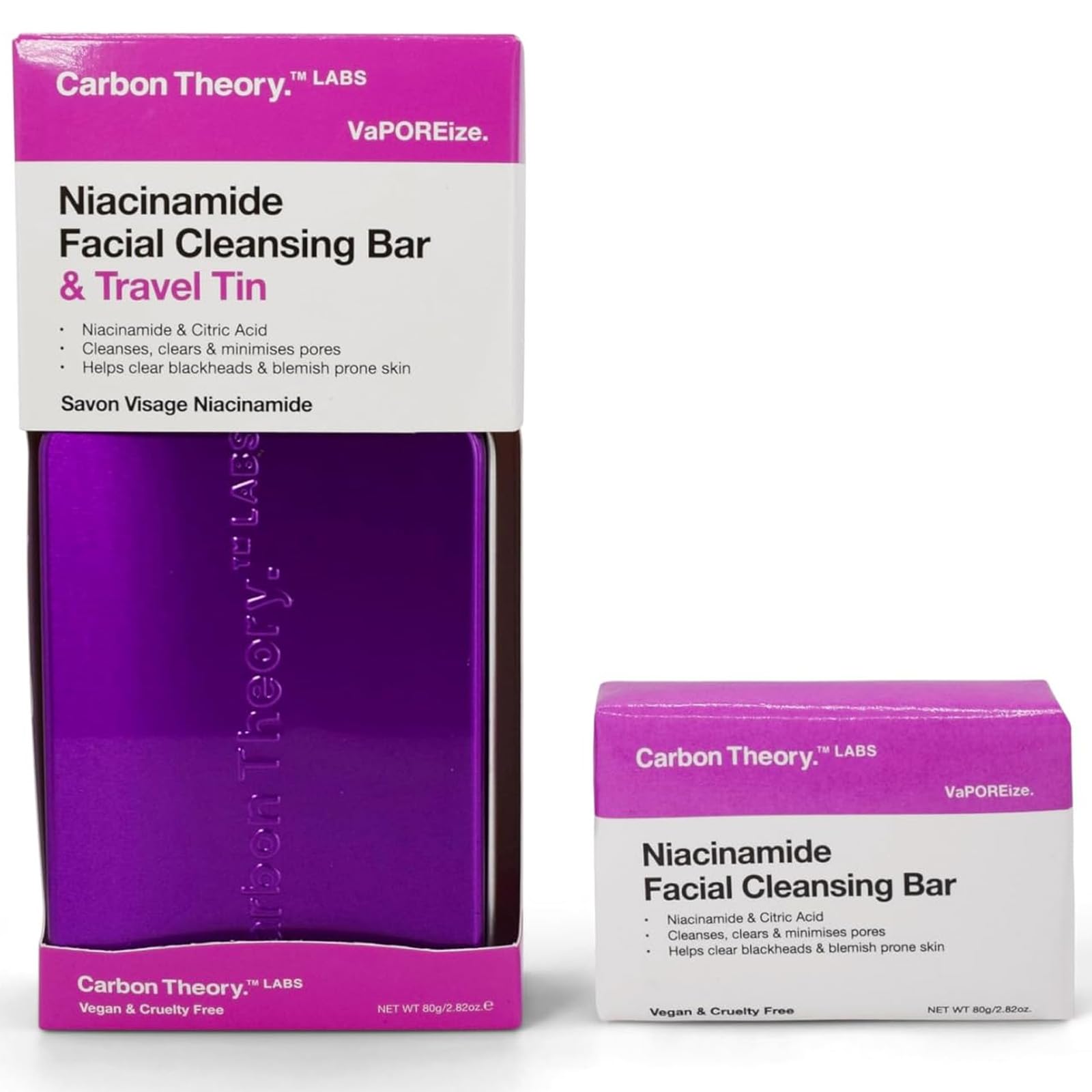 Carbon Theory VaPOREize Niacinamide and Citric Acid Face Cleansing Bar 80g and Travel Tin