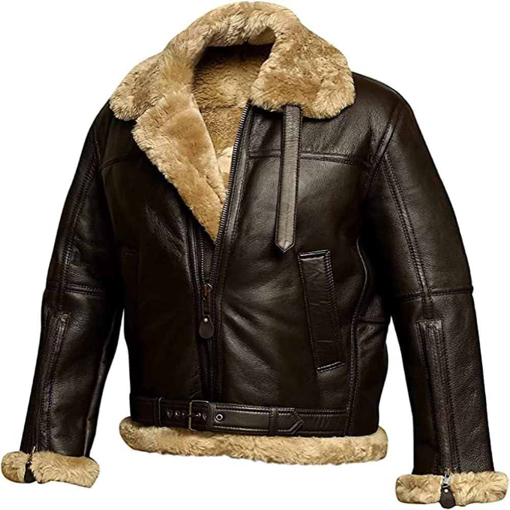 Men's Real Lambskin Sherpa Faux Fur B3 Bomber Aviator Warm Leather Jacket