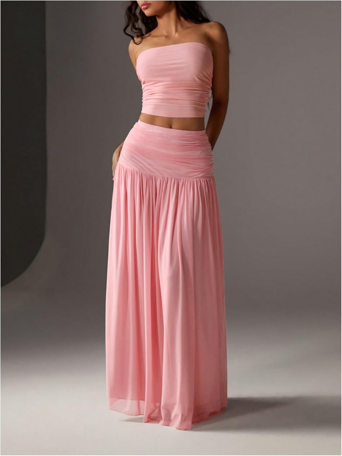 Milumia Women's 2 Piece Outfit Ruched Bandeau Crop Top and Pleated Mesh Long Skirt Set - Image 4