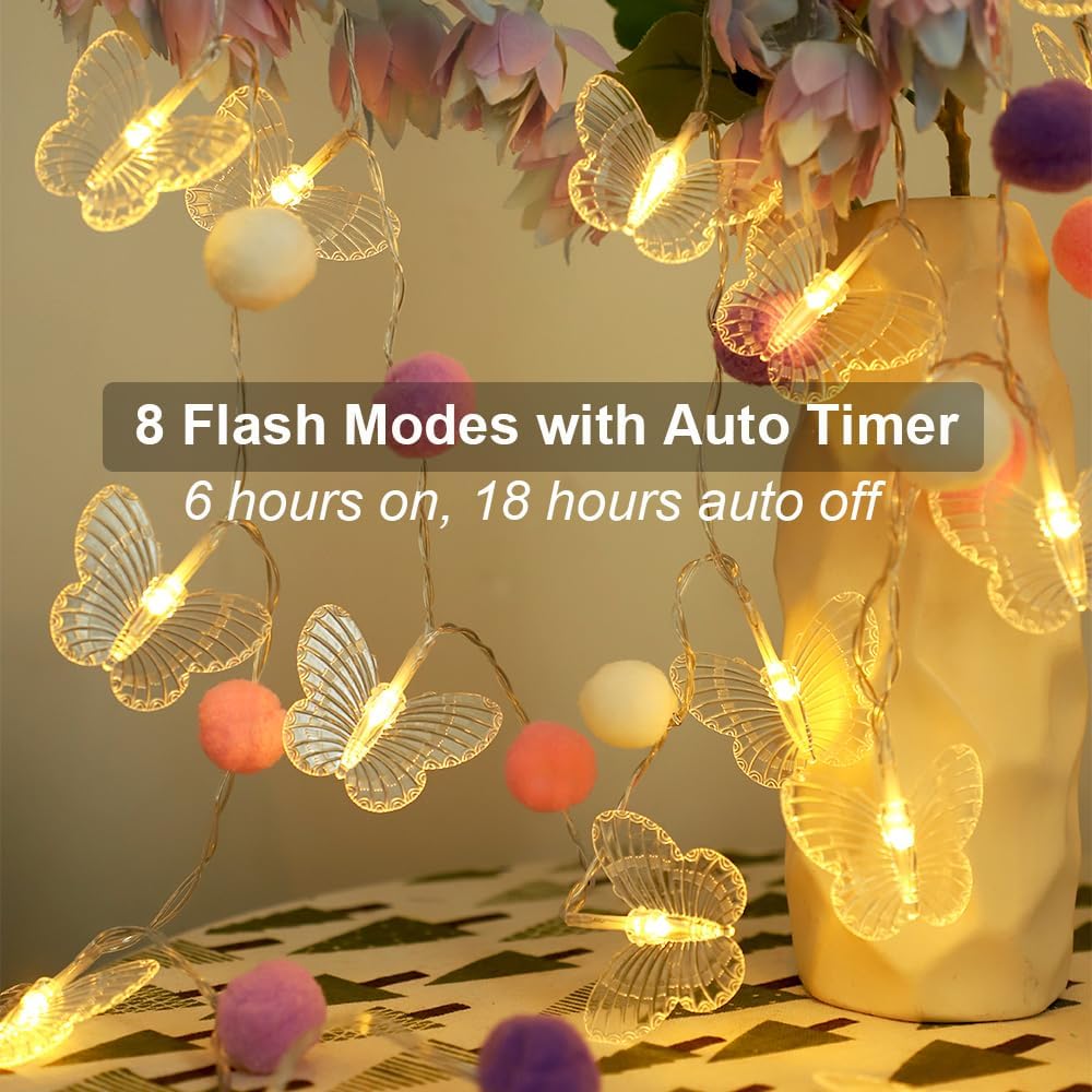 ChiRee 9.85FT Butterfly String Lights with Purple Pom Poms | 8 Flash Modes with Timer