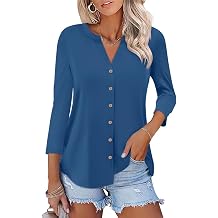 ORANDESIGNE Womens Button Down T Shirts 3/4 Sleeve V Neck Tops Casual Summer Ladies Tees