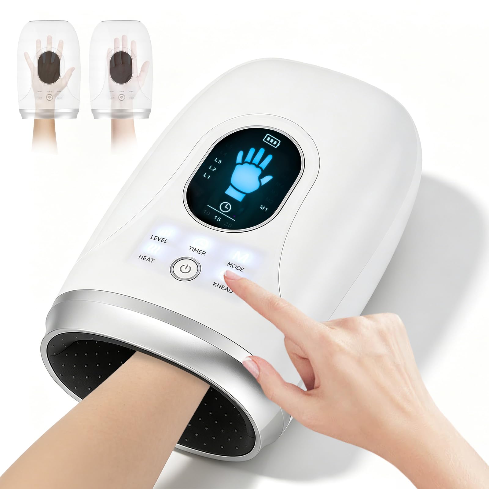 Handmassagegerät mit Wärme & Luftdruck, Elektrisches Handmassagegerät für Arthritis & Karpaltunnelsyndrom, Graphen-Heizung, 6 Modi, 4000mAh Akku, Leiser Massageapparat für Büro, Gaming und Senioren